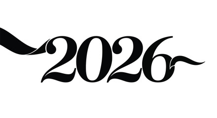 Elegant year 2026 number in bold black calligraphy with a flowing ribbon accent