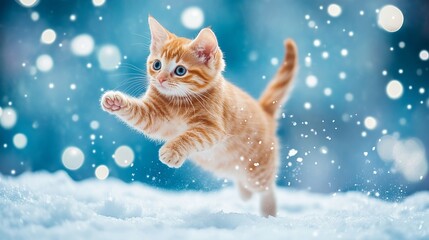 Adorable ginger kitten leaps through snowy winter wonderland, playful, cute, and full of joy for heartwarming holiday cards and pet adoption campaigns