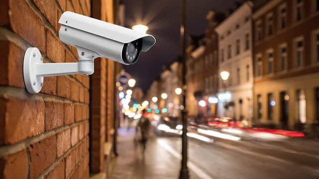 Security camera on a brick wall monitoring a city street