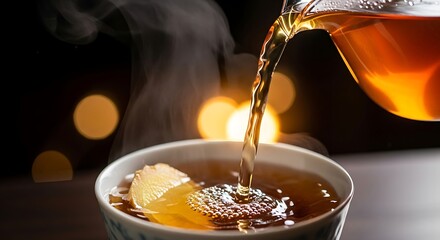 Aromatic ginger tea is poured with steam and amber glow ambiance