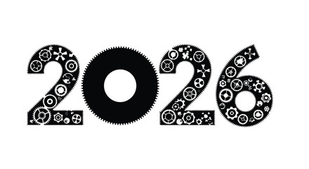 Intricate gear design forms the year 2026, symbolizing industry and progress.