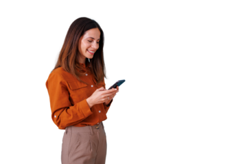Young woman smiling, texting on phone, social networking, communicating, digital connection, transparent background
