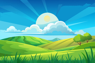 Obraz premium A sunny day over a vibrant green field with a single cloud floating in the clear blue sky on top of a grassy hill, rare scenes of tranquil scenery, peaceful nature background created.