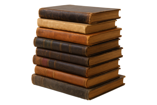 Stack of Vintage Leather Bound Antique Books Isolated on a Transparent Background