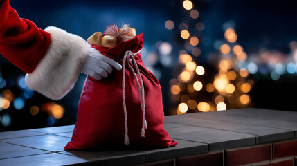 Blurred view of Santa’s red sleeve and white glove holding a gift bag near the chimney, mysterious and magical, with copy space