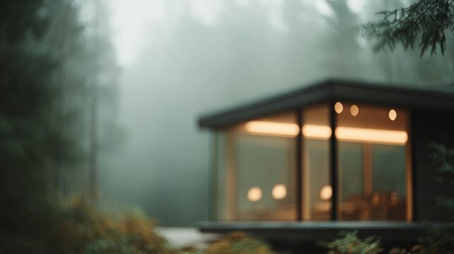 Small wooden cabin in the middle of a foggy forest. the cabin has a sloping roof and large windows that let in natural light. - Powered by Adobe