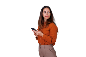 Woman holding a smartphone, multitasking and looking away, connecting through technology. Transparent background for versatile use