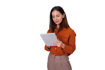 Woman holding tablet and smiling, using modern digital device for business communication and remote work, transparent background