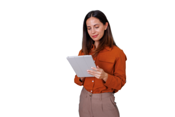 Woman holding tablet and smiling, using modern digital device for business communication and remote work, transparent background