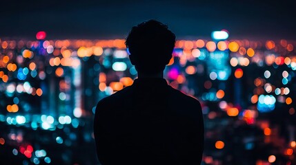 Introspective man gazing at vibrant city lights at night, lost in thought and dreams of future success and urban adventures, a powerful cityscape backdrop
