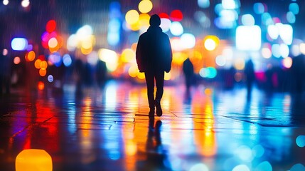Solitary figure walking in vibrant city rain, a modern and atmospheric urban scene perfect for showcasing resilience and introspective moments