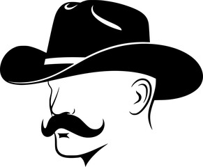 Cowboy with Hat Silhouette: A bold, minimalist illustration showcases a cowboy's head and face in silhouette. Detailed facial features, including a prominent handlebar mustache and a classic hat
