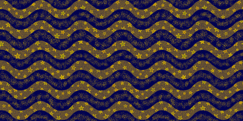 Seamless Christmas pattern with wavy blue and gold lines, bright gold stars and glitter. Suitable for wallpapers, backgrounds, textiles, packaging, and paper. Vector illustration.