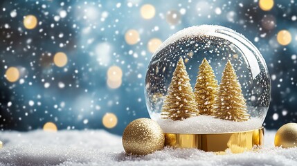 Dreamy golden Christmas trees in a snow globe with falling snow create a magical winter holiday scene perfect for festive cards and seasonal promotions