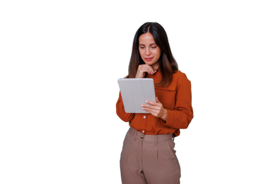 Woman holding a tablet, thinking about innovative business strategies, isolated on transparent background