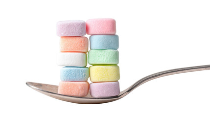 spoon of colourful marshmallows on white background 