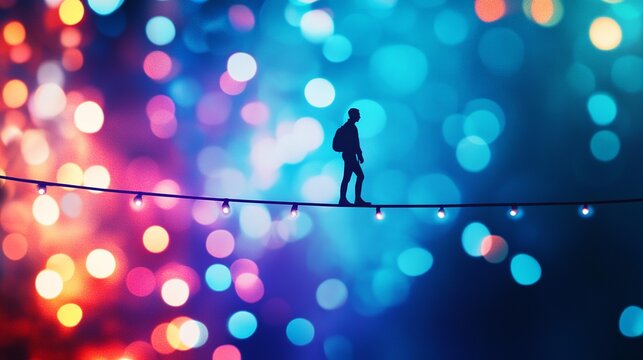 Brave adventurer walking tightrope towards success in magical glowing world - overcoming challenges and balancing dreams with determination today - Powered by Adobe