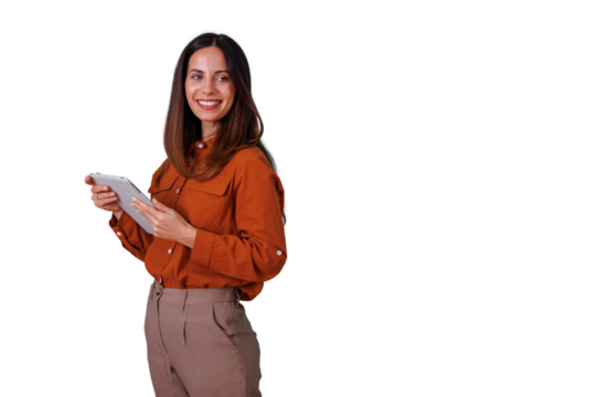 Woman standing, smiling, and holding a tablet while looking at the camera, representing modern work and digital technology - Powered by Adobe