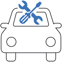 Simple Outline Of A Car With Crossed Blue Wrench And Screwdriver Icon In The Windshield Area On A Transparent Background Representing Automotive Repair Service And Mechanics