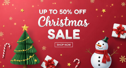 Festive red backdrop featuring a green tree, a snowman, gift box, and candy cane, promoting a Christmas sale, showcasing holiday shopping offers