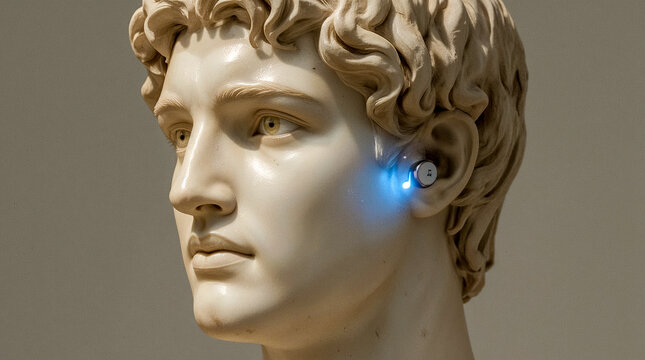 A classical marble sculpture of a human head, featuring a modern earbud with blue glowing light in its ear, blending old and new.