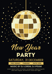 New Year Party Club Poster. New Year Celebration invitation design with disco ball on black background in golden colors.