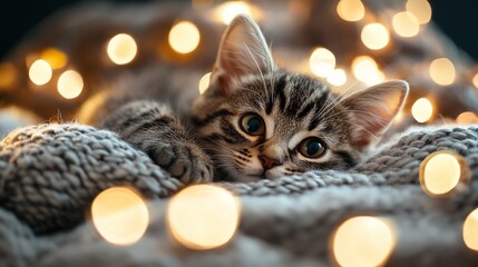 Adorable tabby kitten relaxing on cozy blanket surrounded by warm bokeh lights, perfect for heartwarming pet content and festive seasonal greetings