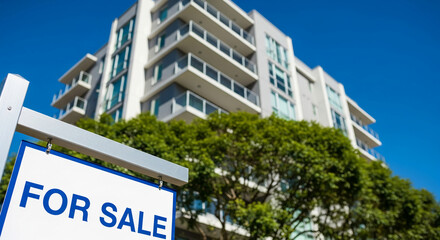 Image of a for sale sign in front of a modern building, representing real estate opportunity, investment or a new place, against a blue sky