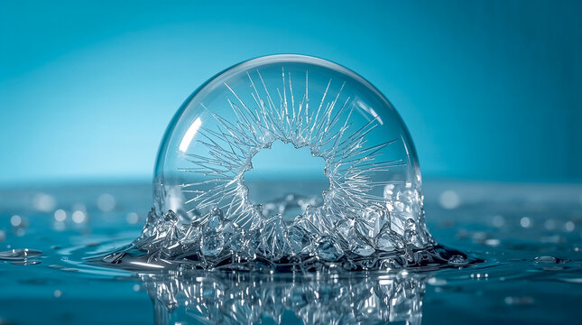 A macro shot of a bubble breaking, revealing sharp ice crystals and liquid droplets against a blue background. A study in fragility and form.