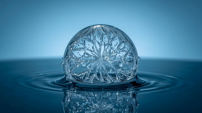 A frozen bubble, resembling a delicate crystal flower, floats on the surface of tranquil blue water, creating a stunning, abstract natural phenomenon.