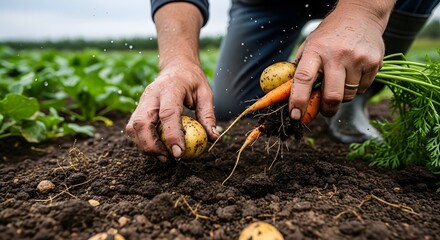 A farmer harvests fresh potatoes and carrots in a field, showcasing agricultural practices. A close-up view emphasizes the connection to the earth and the cultivation of food