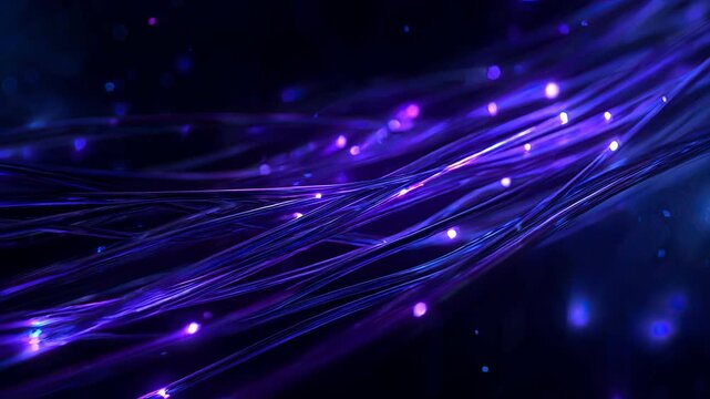 Glowing purple and blue fiber optic cables transmitting data in futuristic abstract background
