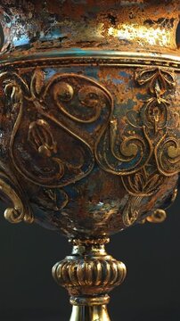 Close-up of an antique, ornate golden goblet with intricate scrollwork and aged patina.