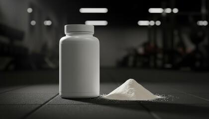 White supplement bottle and protein powder pile on gym floor, dramatic dark background. Ideal for sports nutrition, fitness, bodybuilding, energy, health, night, minimal.