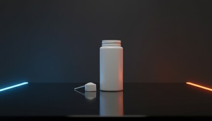  Supplement bottle and scoop on reflective black surface with neon lights. Fitness nutrition, modern, night gym, product shot, minimalist, trendy, power, strength, energy, functional, isolated, style
