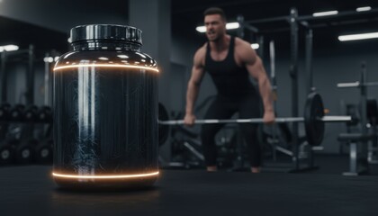  Large supplement container glowing in gym, muscular man ready to deadlift. Bodybuilding, sports, power, gym motivation, strength, nutrition, health, protein, modern, product display, athlete,