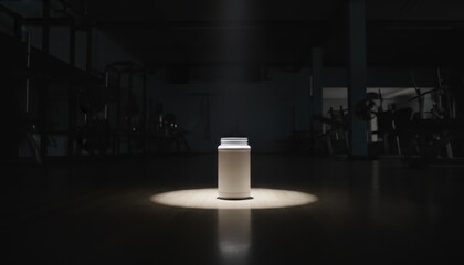 White supplement bottle in dramatic spotlight on gym floor, empty background. Perfect for sports nutrition, minimal, focus, branding, protein, supplement, strong, night