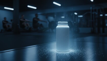White supplement jar surrounded by powder, neon-lit gym with rowing machines. Best for sports nutrition, fitness, power, performance, product, trendy, motivation, modern