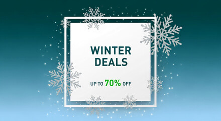 White frame with "Winter Deals" text surrounded by silver snowflake illustrations on blue gradient backdrop, showcasing winter sales offers