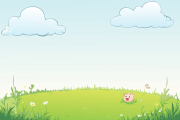 Cartoon grassy field with blue sky, clouds, flowers, and happy pink creature, cheerful nature background for kids
