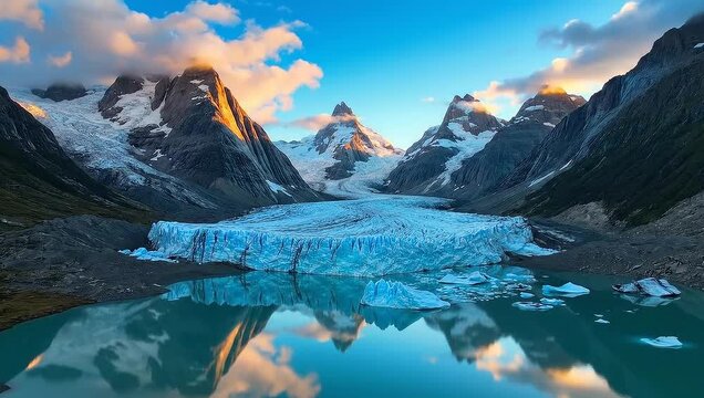 Scenic Patagonia landscape with glacier reflection at sunrise cinematic natural beauty of cerro torre mountain range travel footage