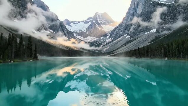 Serene Turquoise Lake Reflection of Snowy Mountains in Banff National Park Cinematic Scenery Dynamic Shot Perfect Travel Destination Video Clip