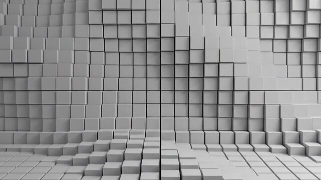 Abstract 3D white cube surface with raised geometric blocks, modern digital texture background