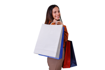 Happy woman leaving store after successful shopping trip, carrying many bags, smiling, looking behind, transparent background
