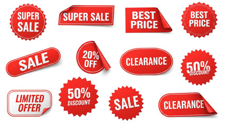 Collection of red labels with different shapes, presenting sale phrases, symbolizing promotion, offer, and bargain, good for marketing material