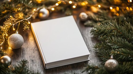 Elegant blank book surrounded by festive Christmas ornaments and glowing lights, perfect for seasonal promotions and holiday greetings, offering a touch of magic