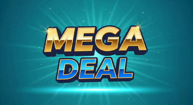 Gold and blue 3D text "Mega Deal" on gradient blue background with light beams, symbolizing a special offer, discount, or promotion, perfect for advertising