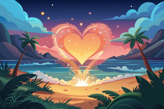Arranged along the beach, two glowing hearts emit a soft, romantic light, gently illuminating the beach with a touch of magic.