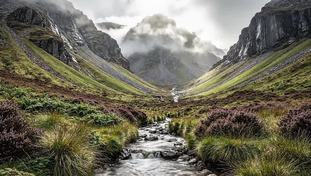 Scenic scottish highlands valley with small stream cinematic b-roll footage slow motion wild nature scotland united kingdom travel destination