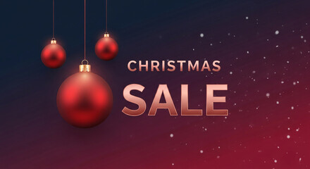 Three red ornaments hang above text Christmas Sale, against a dark gradient background with white specks, representing holiday discounts and promotions